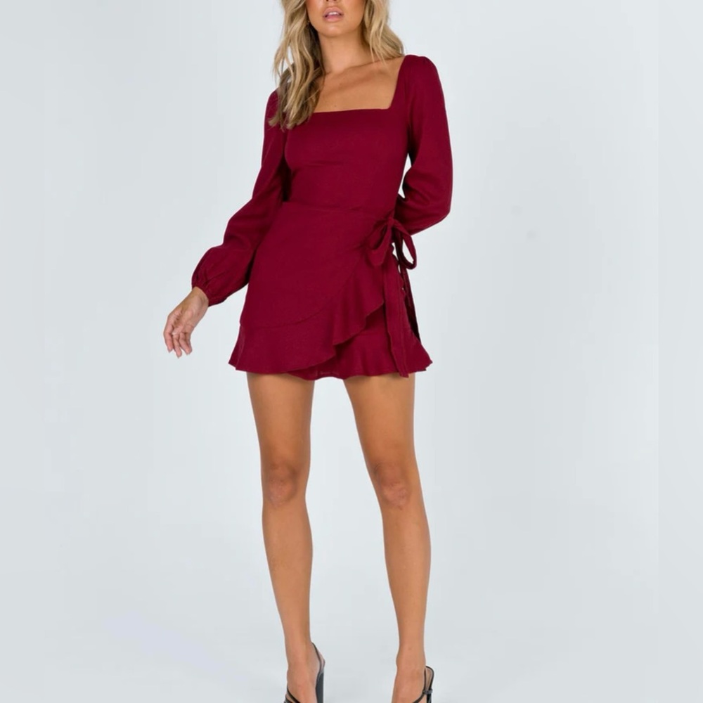 Princess Polly Villa wrap front mini dress in burgundy size 6